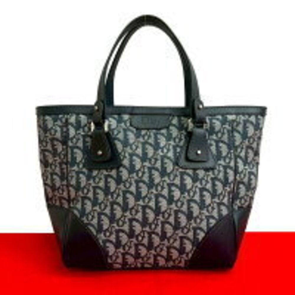 Christian Dior Trotter CD Logo Canvas Leather Handbag Tote Bag Navy Blue